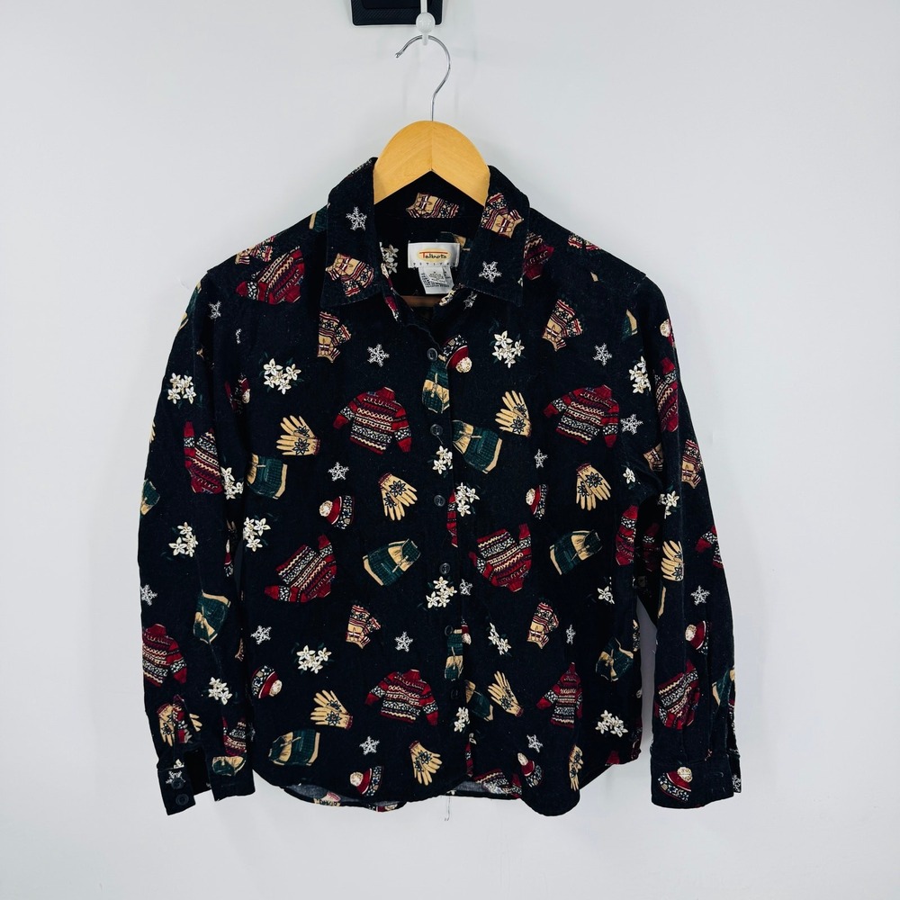 Vintage Talbots Petite Black Corduroy Winter Sweater Print‎ Button-Down Size P